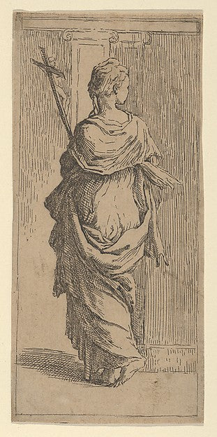 Girl carrying a crucifix and stepping toward a pilaster  seen ,  Poster Print