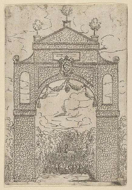 Triumphal arch covered in foliage with mounted troops below  a,  Poster Print