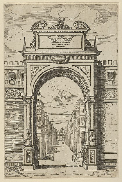 Triumphal arch surmounted by a statue of Moses  buildings seen,  Poster Print Wall Art