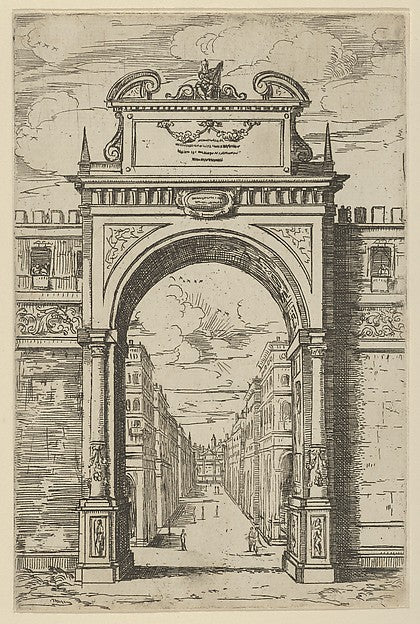Triumphal arch surmounted by a statue of Moses  buildings seen,16x12
