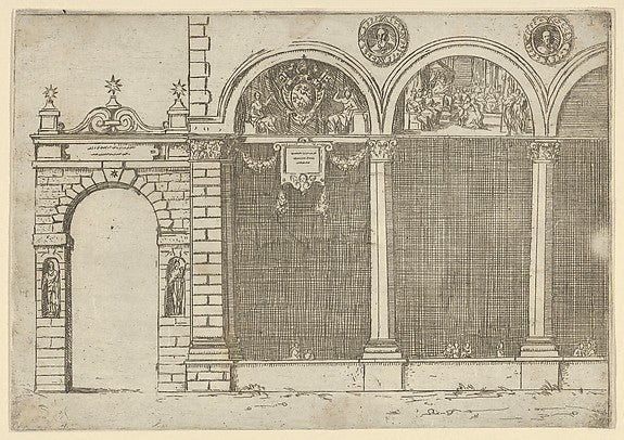The arcade of the palace of the Archbishop of Bologna with tem,  Poster Print