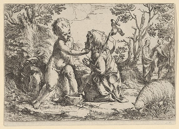 Young Saint John the Baptist kneeling before the infant Christ,  Poster Print
