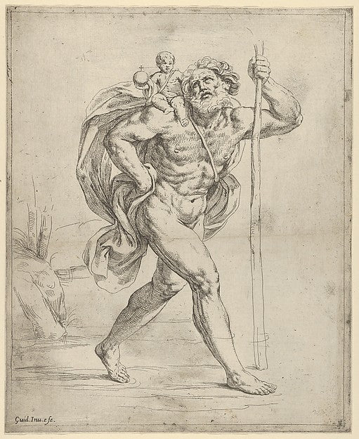 Saint Christopher walking with the infant Christ on his right ,  Poster Print