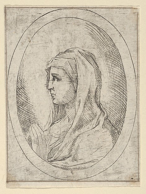 The Virgin in prayer  seen in profile facing left  in an oval ,  Poster Print