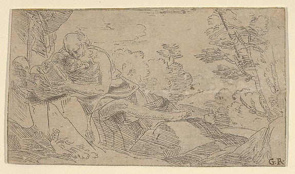 Saint Jerome seated on rocks and reading a book  a cross and a,  Poster Print Wall Art