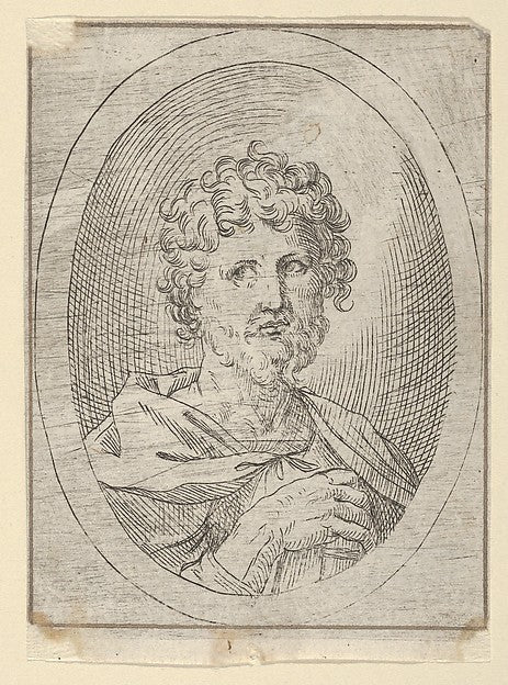 An apostle holding a closed book and looking to the left  in a,  Poster Print Wall Art