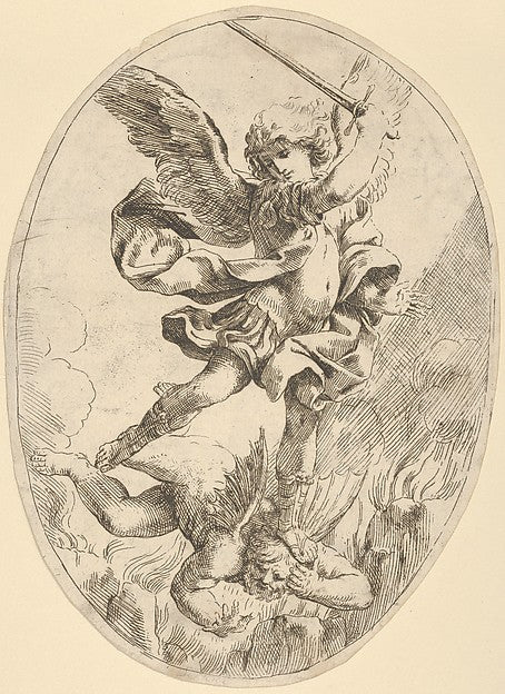 The winged archangel Saint Michael holding a sword and standin,  Poster Print Wall Art