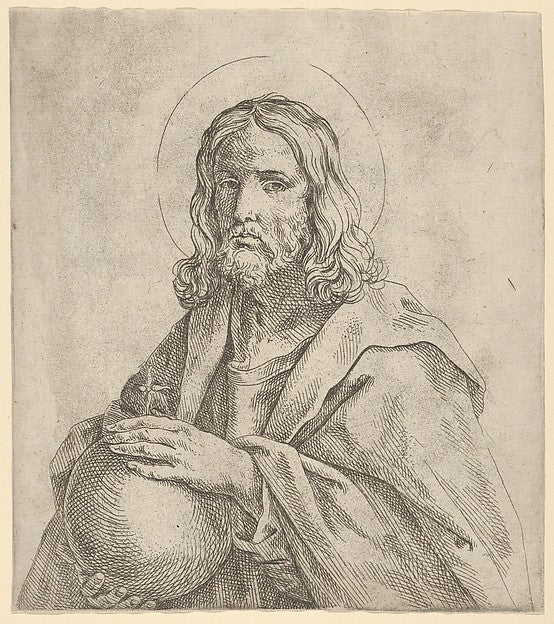 Christ seen in half-length  holding a globe surmounted by a cr,  Poster Print Wall Art