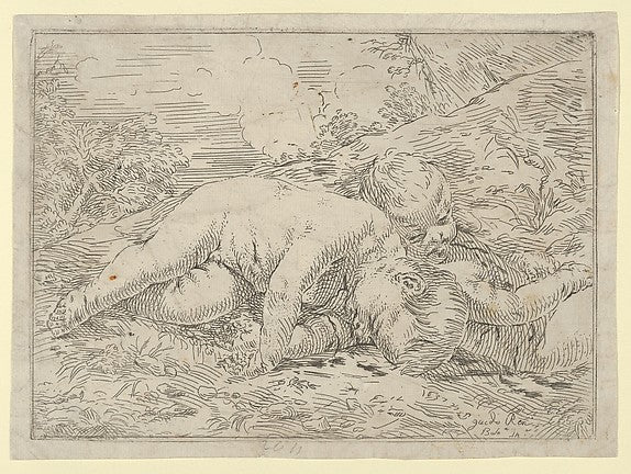 Two putti sleeping in a landscape  after Reni 1637-Anonymous, ,  Poster Print Wall Art