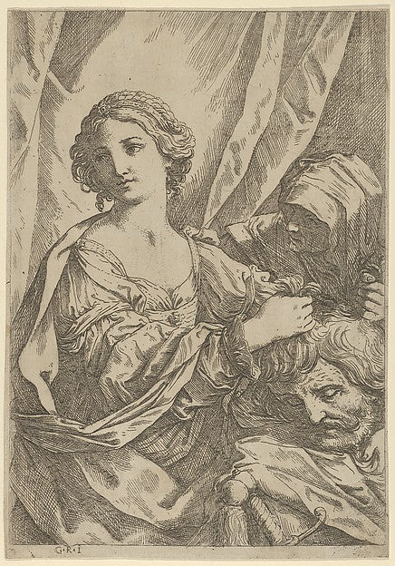 Judith grasping the head of Holofernes by the hair and looking,  Poster Print Wall Art
