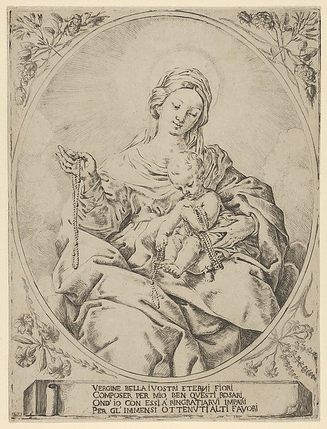 The Virgin seated holding a rosary in her right hand  the infa,  Poster Print Wall Art