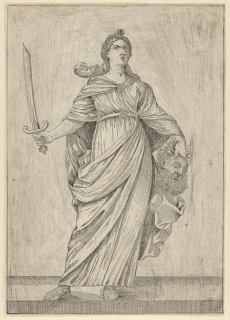 Judith standing on a ledge holding the head of Holofernes in h,  Poster Print Wall Art