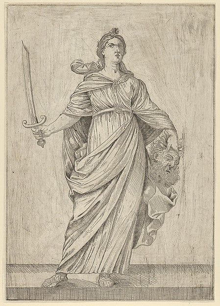 Judith standing on a ledge holding the head of Holofernes in h,16x12