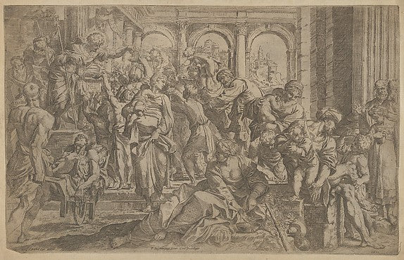 Saint Roch at left distributing alms to a group of people gath,  Poster Print Wall Art