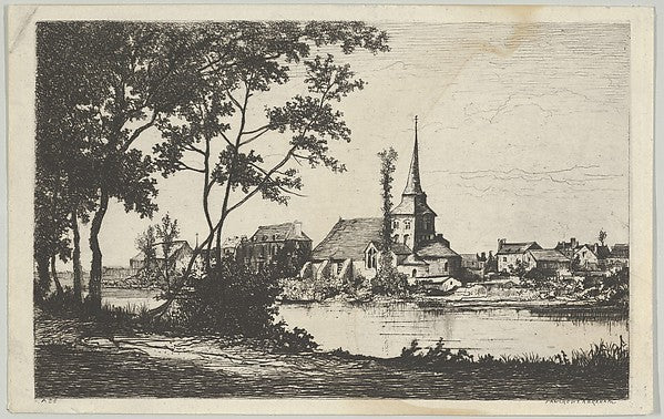 Tancrède Abraham - Town with a church across a river 19th cent, Poster Print Wall Art