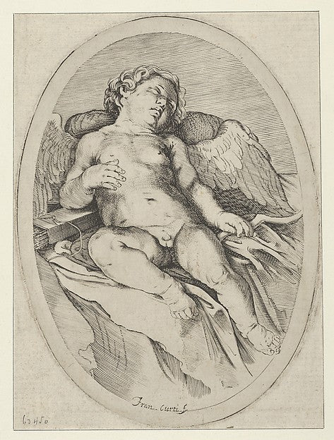 Cupid asleep  resting his right arm on his quiver and his left,  Poster Print Wall Art