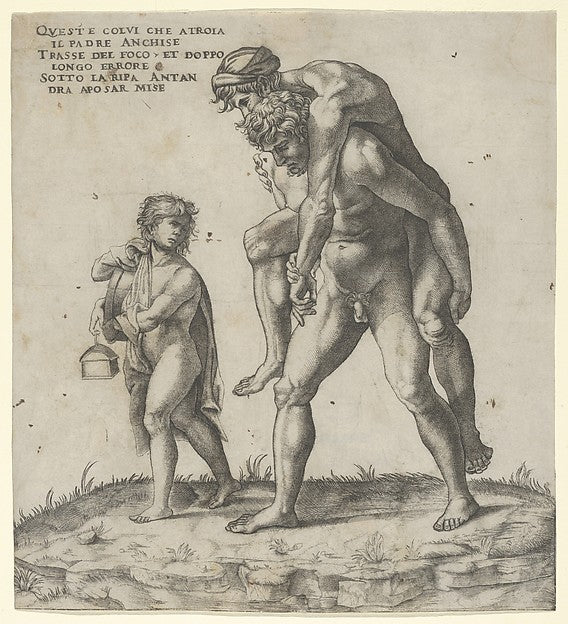 Aeneas rescuing Anchises  a young boy carrying a lantern at le,  Poster Print Wall Art