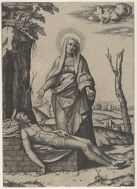 The Pietà: the Virgin standing over the dead Christ  her hands,16x12"(A3) Poster