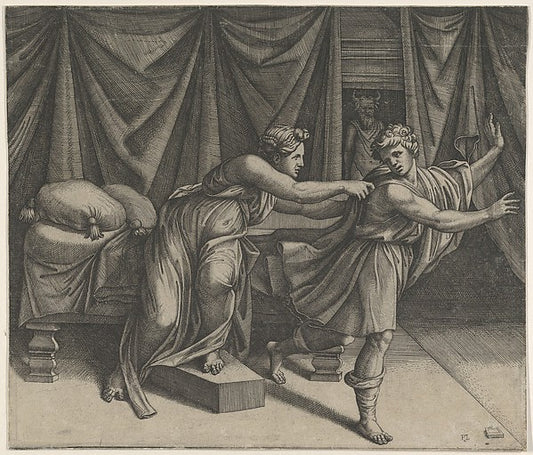 Joseph fleeing from Potiphar's wife c1515–25-Marcantonio Raimo,16x12"(A3) Poster