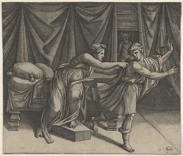 Joseph fleeing from Potiphar's wife c1515–25-Marcantonio Raimo,16x12"(A3) Poster