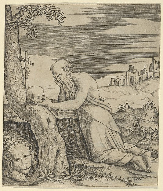 St Jerome kneeling before a crucifix  a skull in his left hand,16x12"(A3) Poster