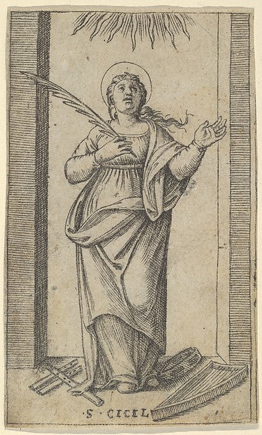 Saint Cecilia standing holding a palm of martyrdom in her righ,16x12"(A3) Poster