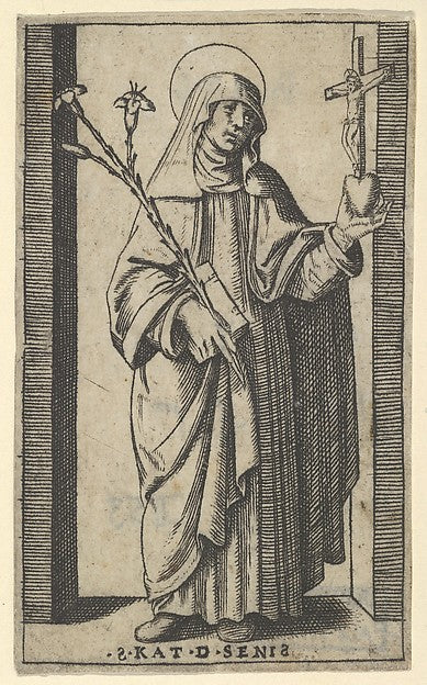 Saint Catherine of Siena standing holding flowers and book in,16x12"(A3) Poster