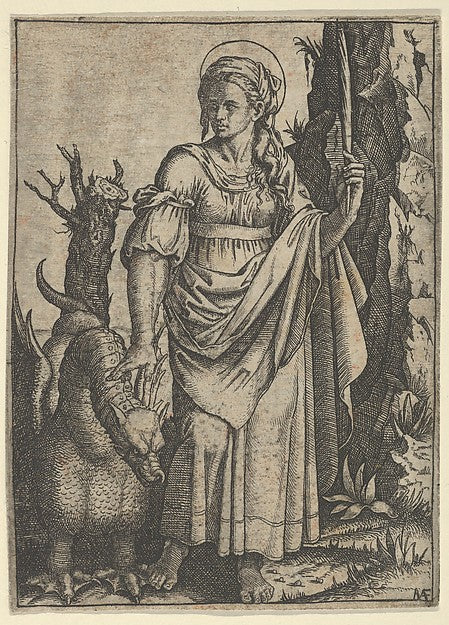 St Margaret holding a palm in her raised left hand  a dragon a,  Poster Print