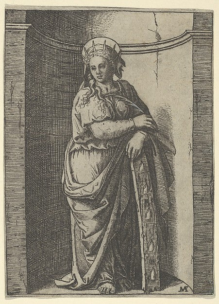 Saint Catherine standing in a niche  resting on a wheel  her i,16x12"(A3) Poster