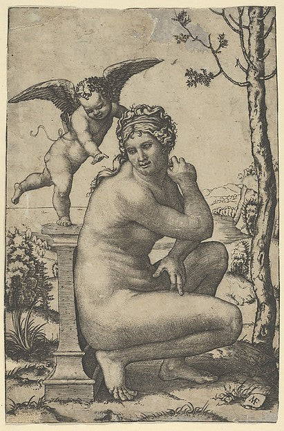 Venus crouching by a plinth on top of which stands Cupid c1510,  Poster Print