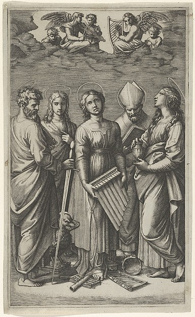 St Cecilia holding an organ  flanked by St Paul  St John the E,  Poster Print