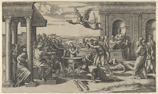 The Martydom of Saint Cecilia standing naked in a large cauldr,16x12"(A3) Poster