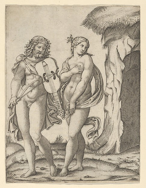 Orpheus standing at left playing the violin  Eurydice at right,  Poster Print