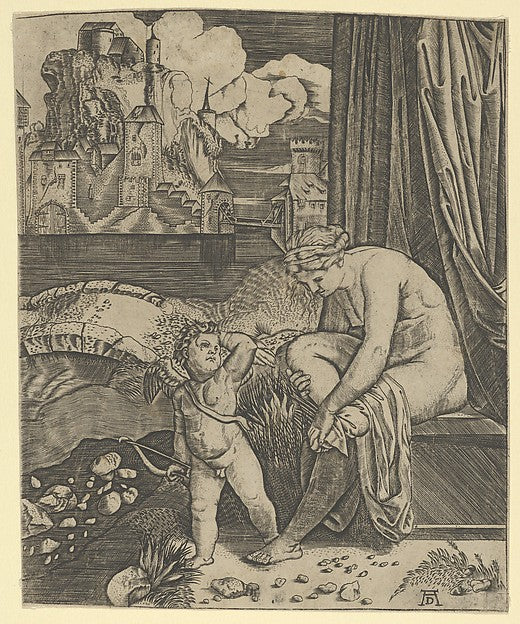 Venus naked sitting at right drying her foot with a piece of d,  Poster Print