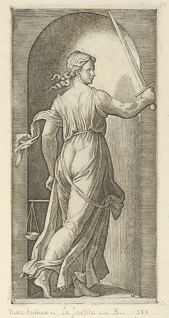 Justice personified by a young woman holding a sword in her ra,  Poster Print