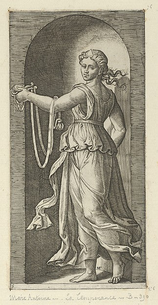 Temperance personfied by a woman standing in a niche holding a,  Poster Print