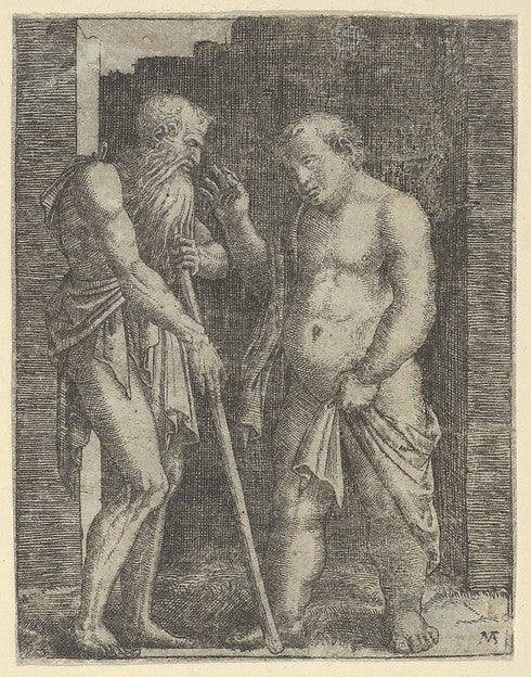 An old skinny man at left talking with a fat man at right c151,  Poster Print