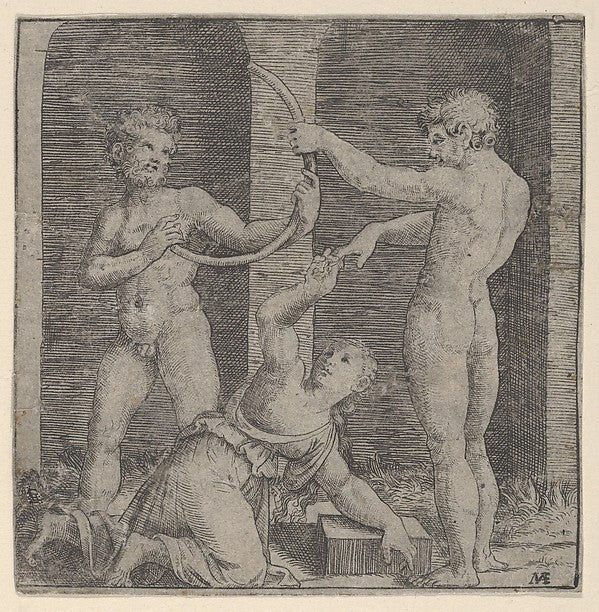 A woman kneeling at centre reaching up with her right hand to,  Poster Print