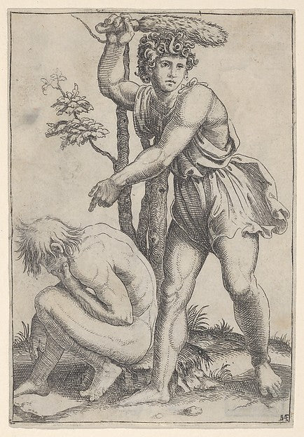 The seated naked man at left being beaten with a fox's tail c1,  Poster Print