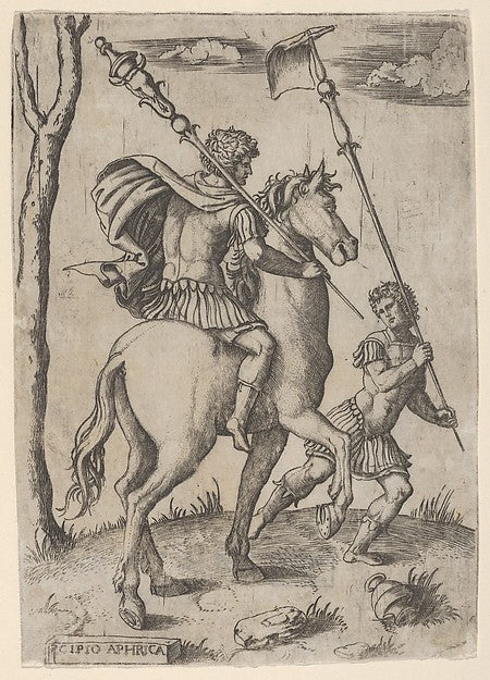 Scipio Africanus on horseback preceeded by a foot soldier hold,  Poster Print