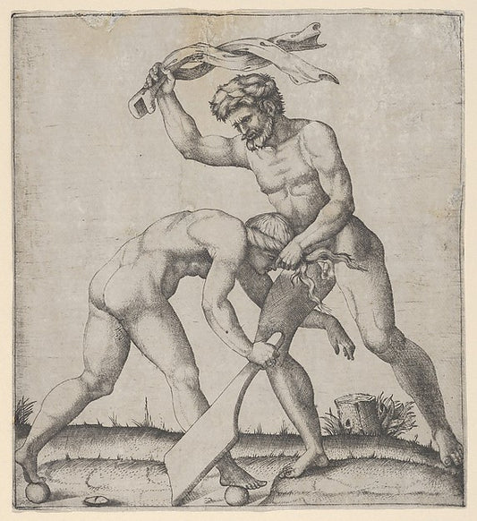 A naked man holding Fortune by the hair and whipping her c1510,16x12"(A3) Poster