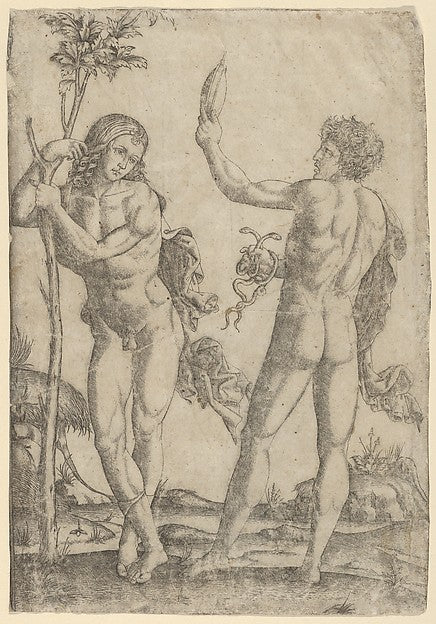 A young naked man standing at left leaning on the trunk  anoth,  Poster Print