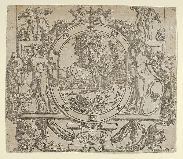 Oval landscape in an ornate frame c1542–45-Etched by Anonymous,  Poster Print Wall Art