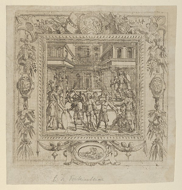 Flagellation of Christ in an ornate Frame c1542–45-Etched by A,  Poster Print Wall Art