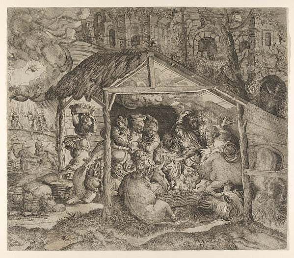 Adoration of the Shepherds c1543-Master I 0 V, After Giulio Ro,  Poster Print Wall Art
