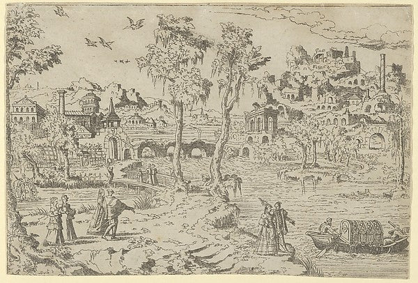 Léon Davent:Landscape with ruins courtiers and a gondola 152-16x12"(A3) Poster