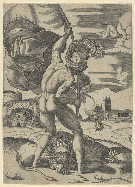 Naked man wearing an elaborate helmet viewed from behind holdi,  Poster Print