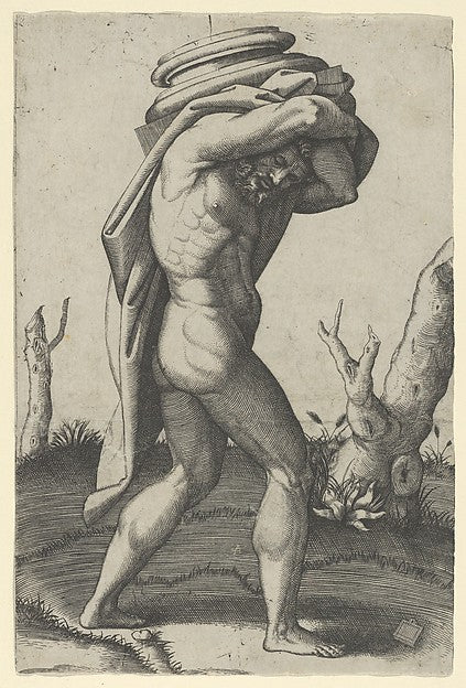 Naked man walking to the right carrying a column base c1517–20,  Poster Print