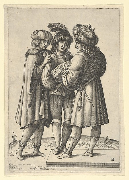 Three male singers standing together holding a sheet of music,  Poster Print