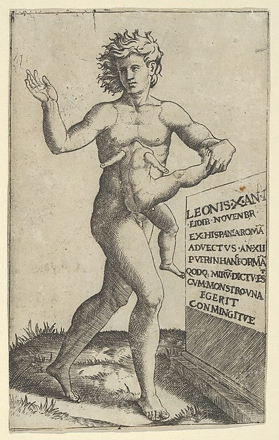 A naked youth holding in left hand a deformed child c1500–1534,16x12"(A3) Poster